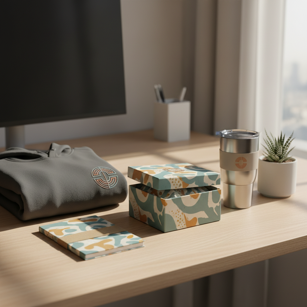 A meticulously styled scene of a custom-branded welcome kit arranged on a light oak desk: a compact gift box with its lid leaning nearby, a high-quality hoodie folded to show a subtle embroidered emblem, a slim notebook, a stainless travel mug, and a small succulent in a concrete pot. Abstract brand colors are echoed across packaging bands and fabric accents without readable text. Soft morning daylight filters through an unseen window on the right, creating a gentle glow and faint shadows that emphasize texture in fabric and paper. Shot from a slightly elevated angle with moderate depth of field, the background includes a blurred monitor shape and clean office accessories. Photographic realism with a warm, inviting mood, ideal for illustrating onboarding or client welcome gifting.