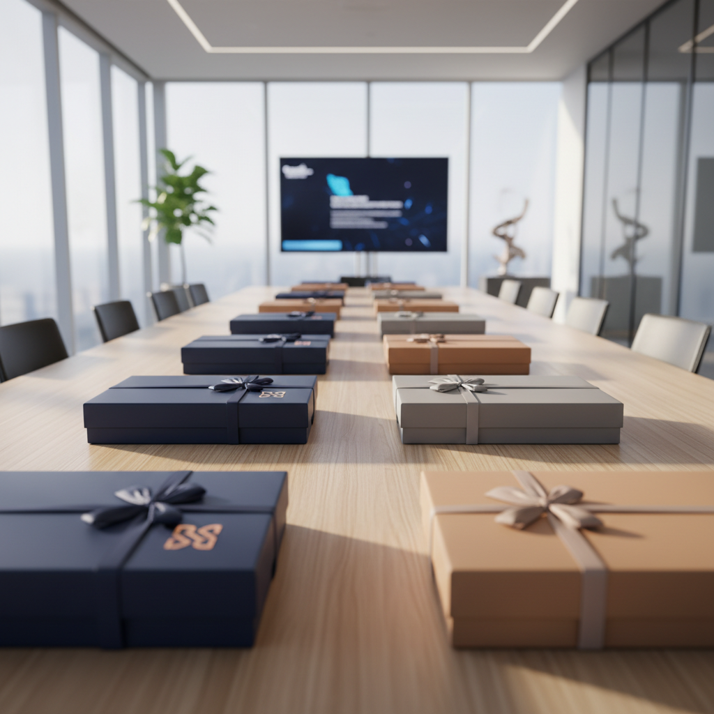 A long, modern boardroom table captured in perspective, its center lined with evenly spaced, closed corporate gift boxes in matte navy and warm gray. Each box features coordinated ribbon and a small abstract brand emblem without text. The far end of the table fades into a bright, glass-walled office with soft midday natural light streaming in, creating elongated, gentle shadows along the table’s grain. The camera is positioned low at table height, emphasizing depth and repetition of the boxes. Background elements like a large screen and minimal décor are softly defocused. Photographic realism with a clean, contemporary aesthetic, evoking a sense of scale, organization, and readiness for a professional appreciation event or employee recognition day.