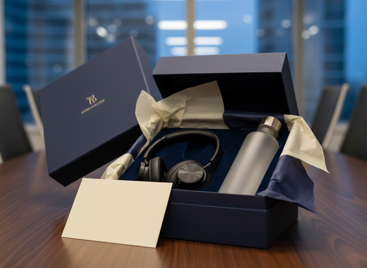 A close-up of a luxurious gift box mid-unboxing on a sleek walnut conference table, the lid just lifted and frozen in motion. Inside, tissue paper in company brand colors is carefully folded back to reveal a high-end wireless headset, a minimalist glass water bottle with frosted finish, and a small card represented by a blank, textured rectangle. Ambient office light combines with soft overhead lighting, creating subtle reflections on glass and metal while leaving the background slightly darker. In the softly blurred distance are abstract silhouettes of office chairs and a large window suggesting a city view. Shot at eye level with a shallow depth of field, the mood is anticipatory, polished, and professional, capturing the excitement of discovering a thoughtfully assembled corporate gift.