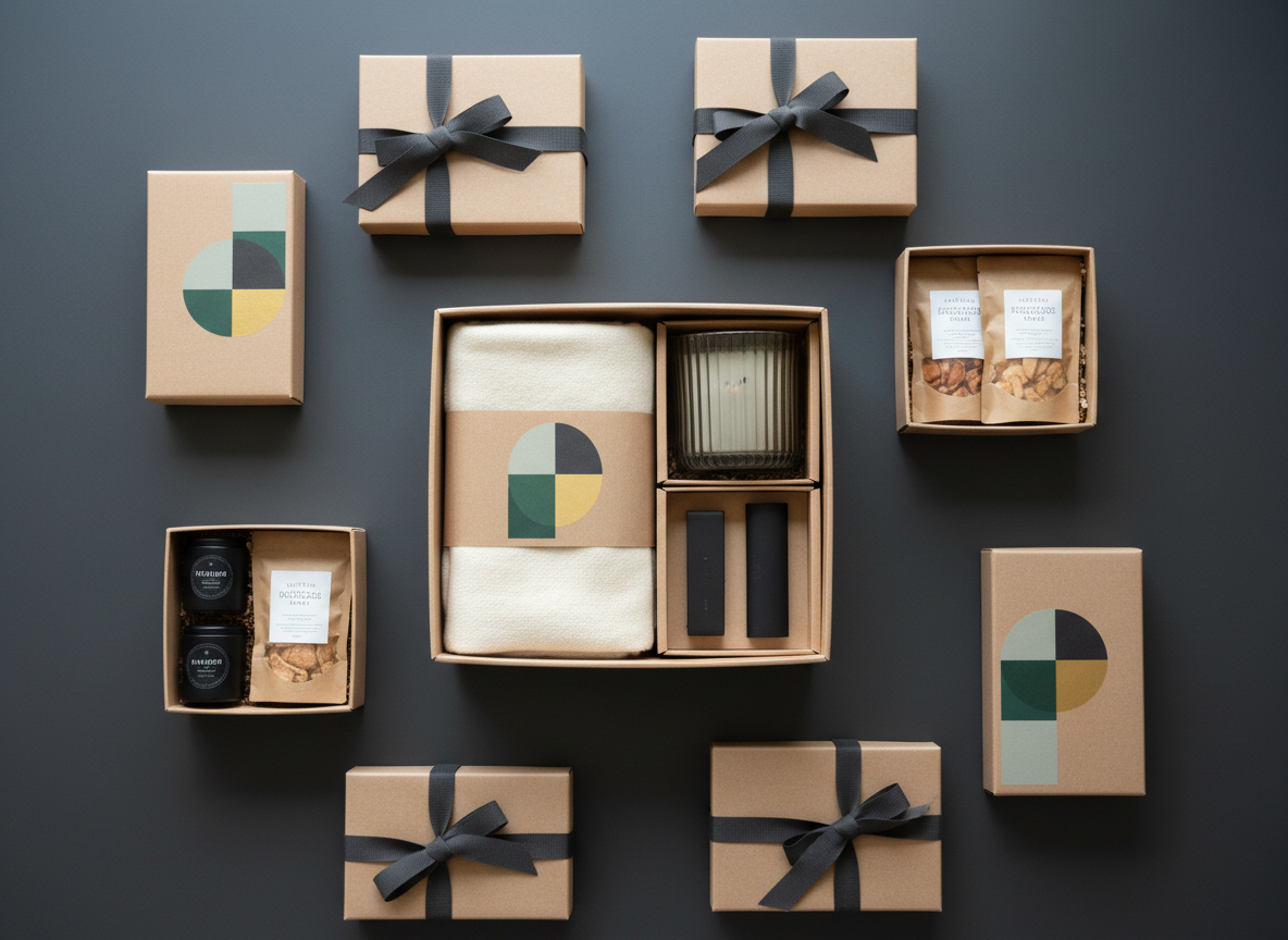 An elegant flat-lay of multiple curated corporate gift boxes in different sizes and finishes, arranged across a smooth charcoal tabletop. Each box is partially open to reveal coordinated contents: artisanal snacks in minimalist wrappers, a textured glass candle, a folded cashmere-like throw, and a slim tech accessory in soft-touch black. Branded stickers and ribbons are present as geometric color blocks with no readable logos. Overhead diffused daylight from an unseen window casts soft, even illumination, minimizing harsh shadows and emphasizing refined textures. The composition follows a clean grid, with negative space around the central box, creating a calm, premium, and organized feel. Photographic realism with sharp focus throughout, ideal for showcasing breadth of corporate gifting options and customization potential.