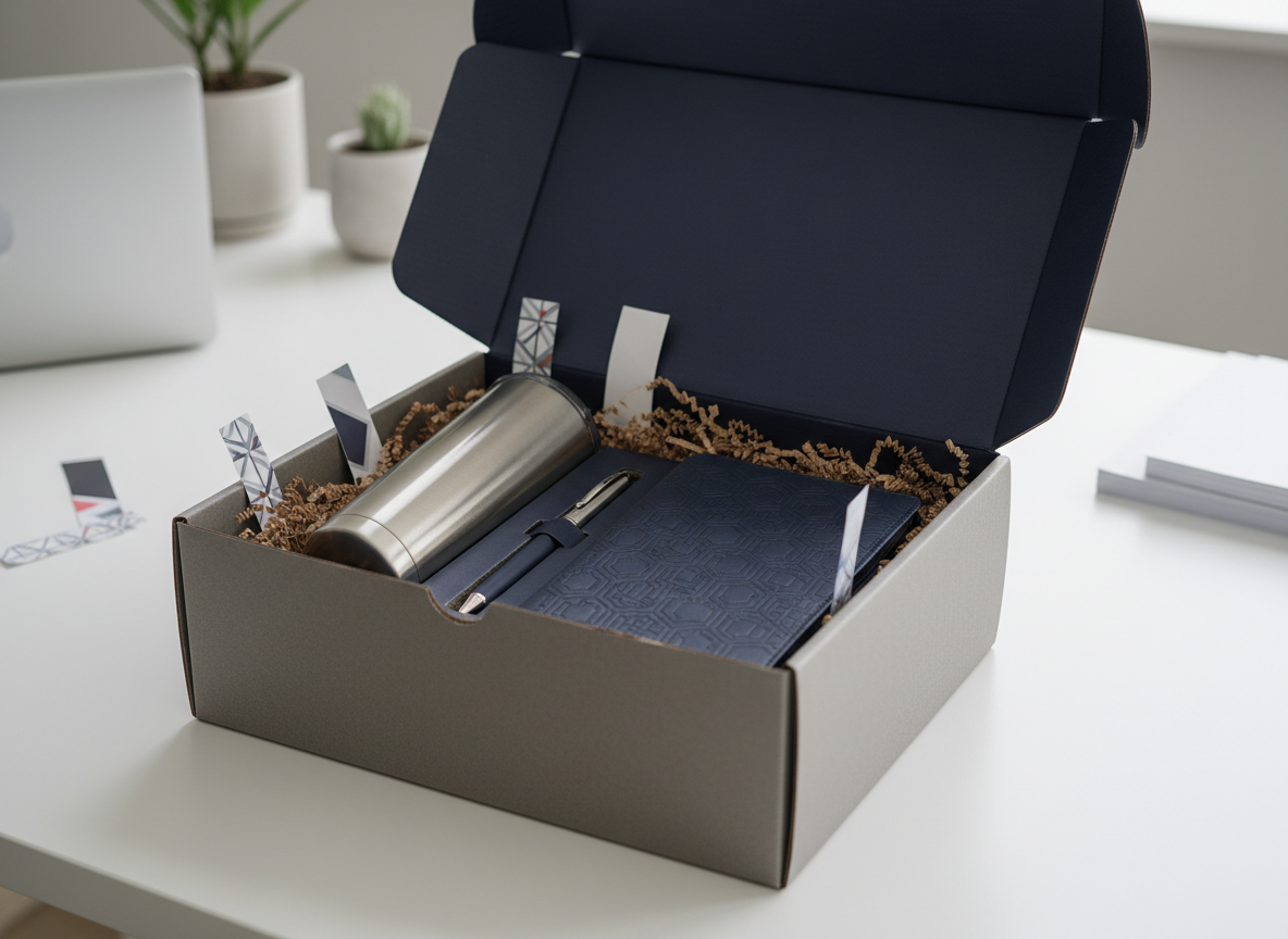 A large, impeccably arranged corporate gift box sits open on a matte white desk, its lid tilted back to reveal neatly nested premium items in crinkle kraft paper: a brushed metal insulated tumbler, a navy leather notebook with subtle debossed pattern, and a sleek pen nestled in a cutout. Custom-branded bands and tags appear as abstract shapes without legible text. Soft studio lighting from the left creates gentle highlights on metallic surfaces and clean shadows along the box edges. In the blurred background, minimalist office objects and a laptop shape suggest a professional environment. Photographic realism, shot at a slightly elevated three-quarter angle with shallow depth of field, conveying polished, modern sophistication and the promise of a memorable unboxing experience.