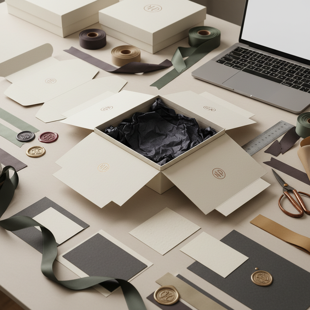 A detailed close-up of branded packaging elements spread across a design studio worktable: unfolded box mockups, ribbon swatches, wax seal impressions, and small cards shown as blank textured pieces. A partially assembled gift box sits at the center, its corners crisp and interior lined with custom-color tissue. A steel ruler, fabric scissors, and a laptop silhouette suggest an active customization process. Overhead diffused studio lighting creates even, neutral illumination, letting subtle shadows define layers of paper and fabric. Shot from a high angle with sharp focus, the composition feels methodical and creative, highlighting the craftsmanship and attention to detail that go into planning bespoke corporate gifts. Photographic realism with a clean, professional, yet hands-on atmosphere that emphasizes customization services.