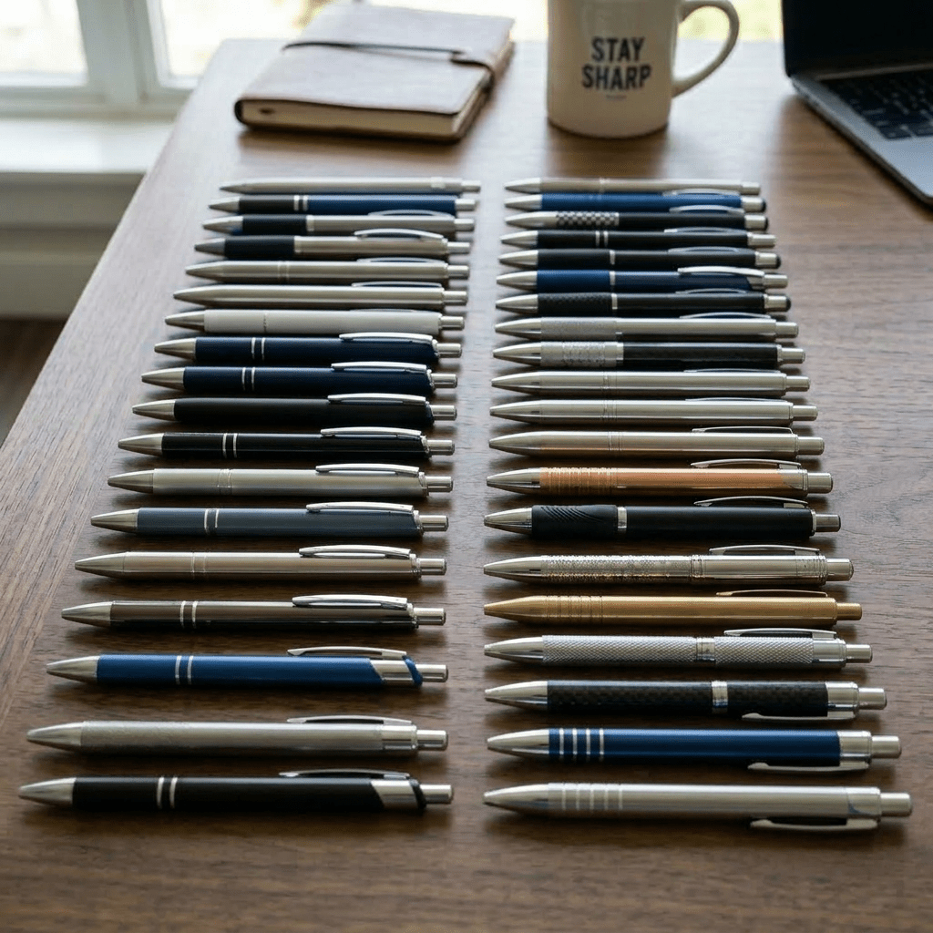 Two rows of assorted ballpoint pens laid out neatly on a wooden surface