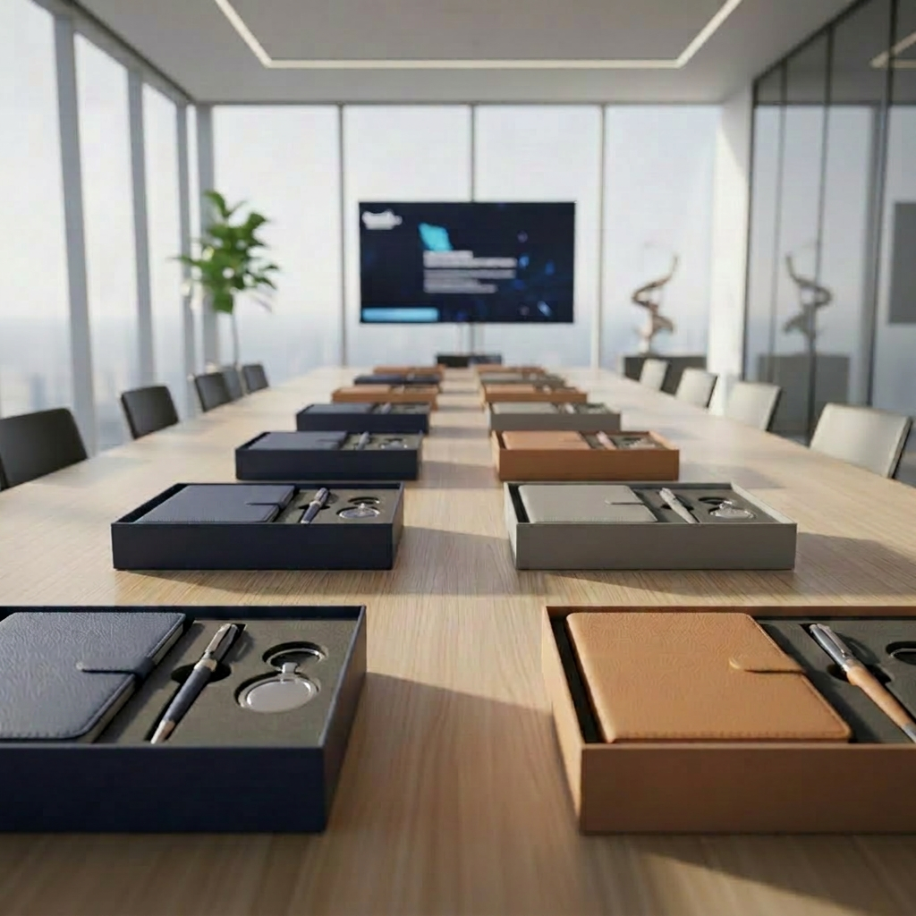 Corporate gifting A long, modern boardroom table captured in perspective, its center lined with evenly spaced, closed corporate gift boxes in matte navy and warm gray. Each box features coordinated ribbon and a small abstract brand emblem without text. The far end of the table fades into a bright, glass-walled office with soft midday natural light streaming in, creating elongated, gentle shadows along the table’s grain. The camera is positioned low at table height, emphasizing depth and repetition of the boxes. Background elements like a large screen and minimal décor are softly defocused. Photographic realism with a clean, contemporary aesthetic, evoking a sense of scale, organization, and readiness for a professional appreciation event or employee recognition day.
